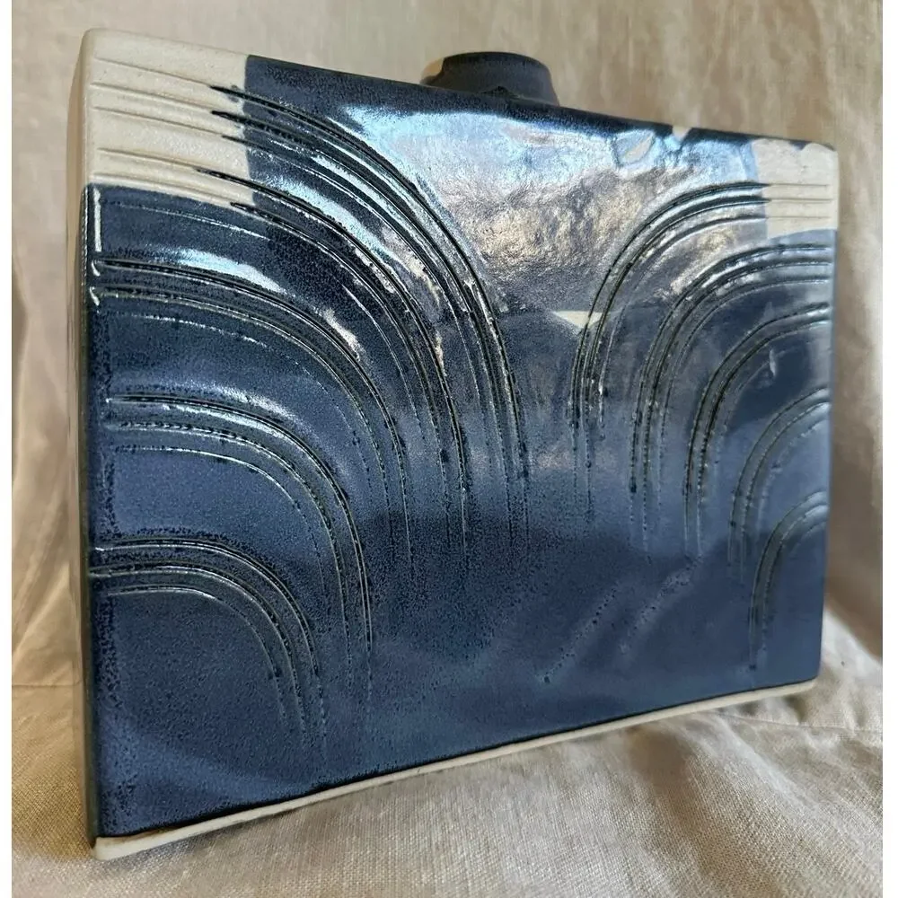 Blue Swirl Vase Rectangle Hand painted signed modern one flower 7x8.5x2.5”Asian